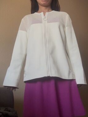 Akris Punto Mesh Accented White Collarless Zip front Jacket US 10